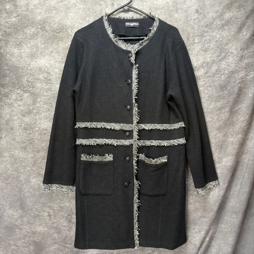 Karl Lagerfeld Long Wool Coat Coatigan Womens M Black Tweed Trim Elegant Classic